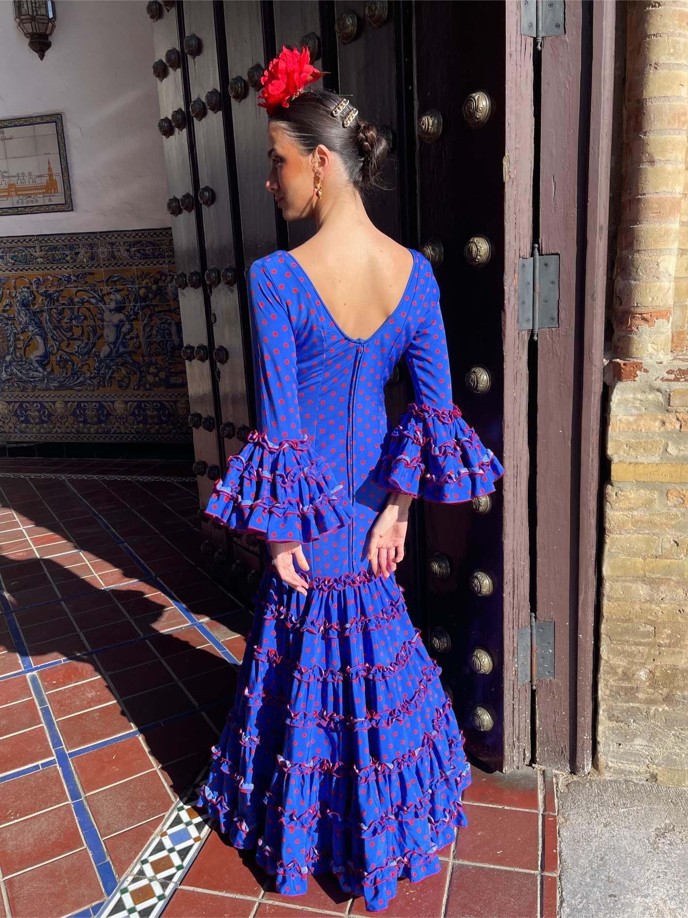 Traje de Flamenca Canastero Azul Garrucha Lunar Rojo