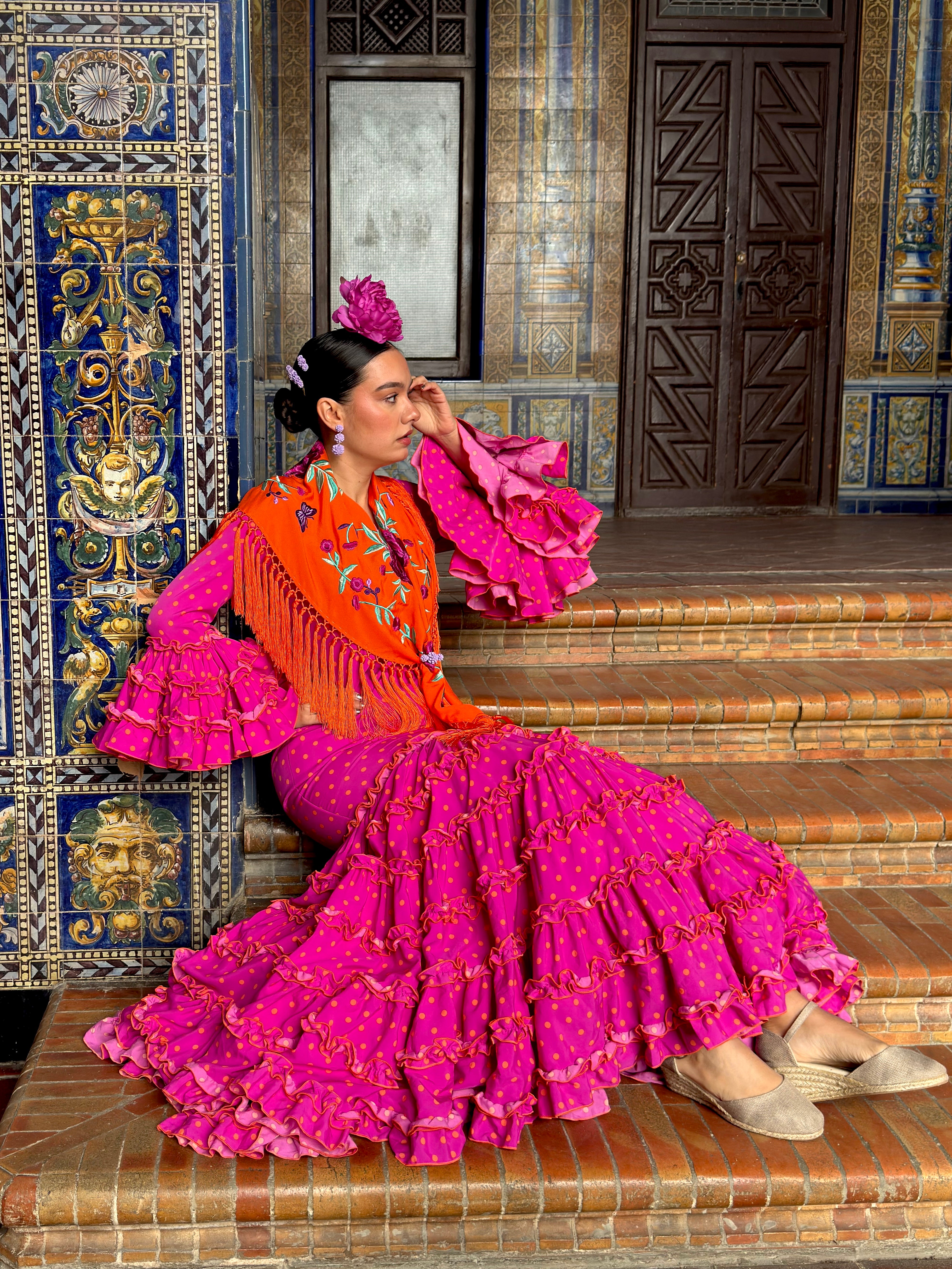 Traje de Flamenca Canastero Buganvilla Adorno Garrucha Lunar Naranja