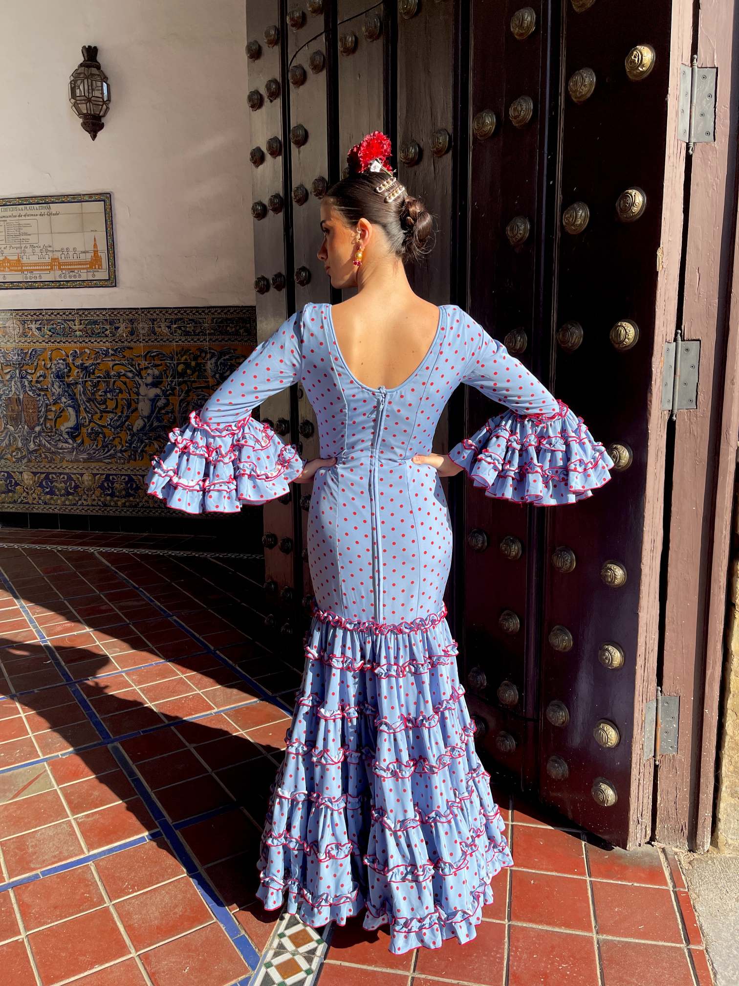 Traje de Flamenca Canastero Celeste  Lunares burdeos