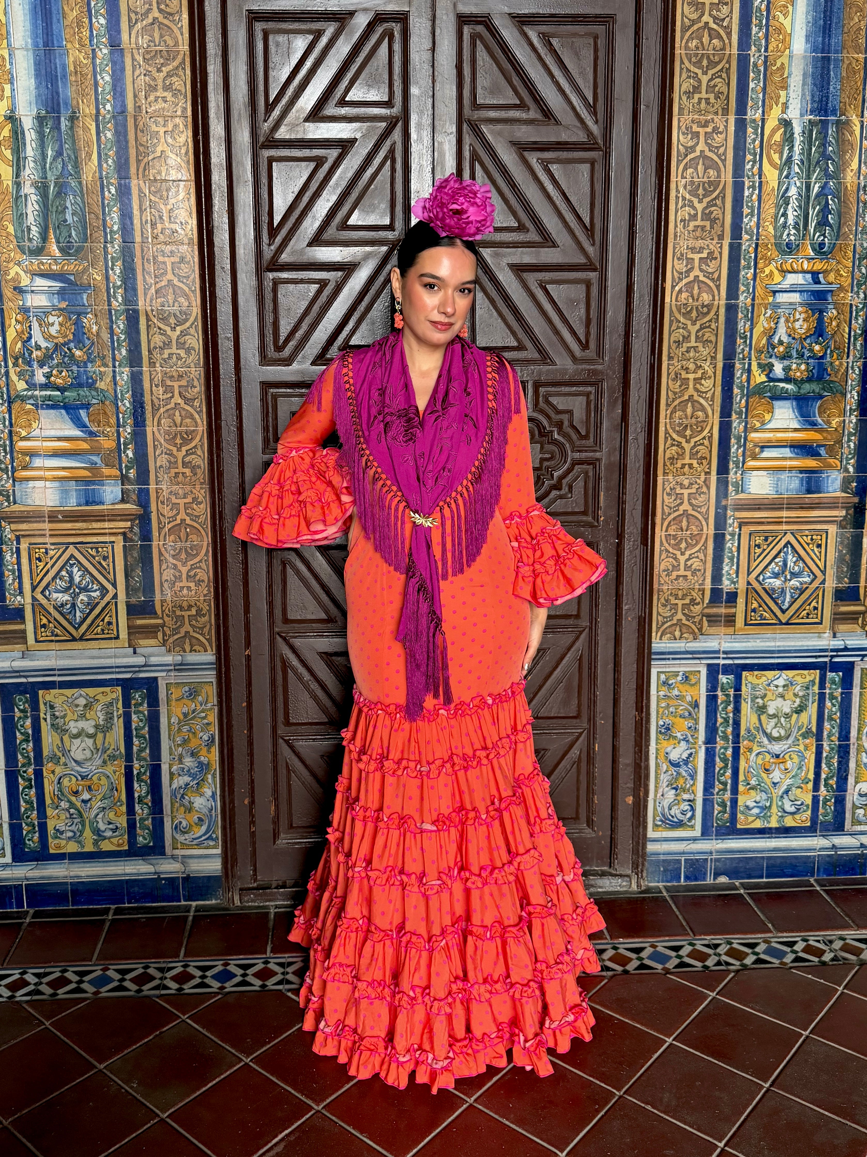 Traje de Flamenca Canastero Naranja Adorno Garrucha Lunar Buganvilla