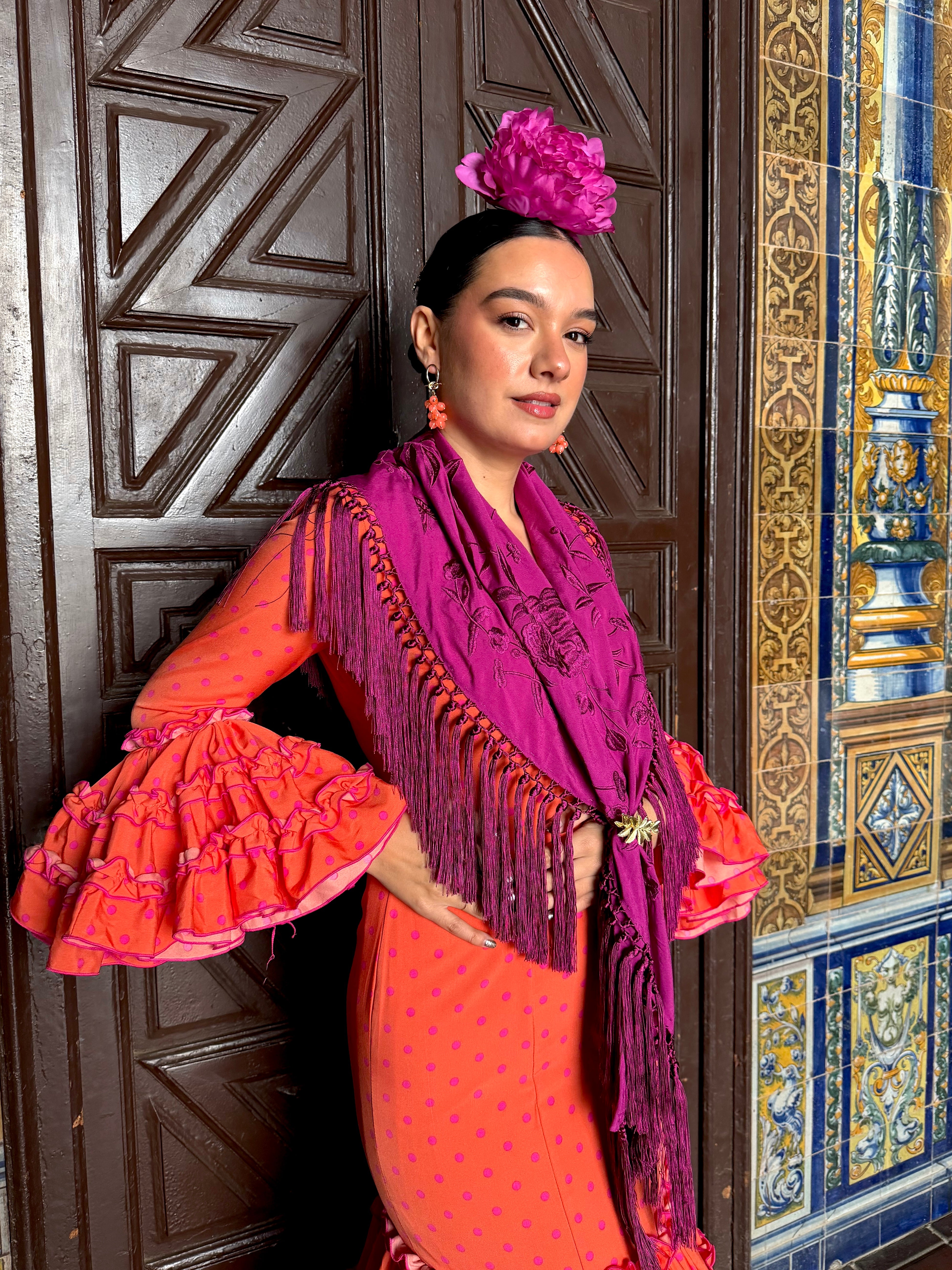 Traje de Flamenca Canastero Naranja Lunar Buganvilla