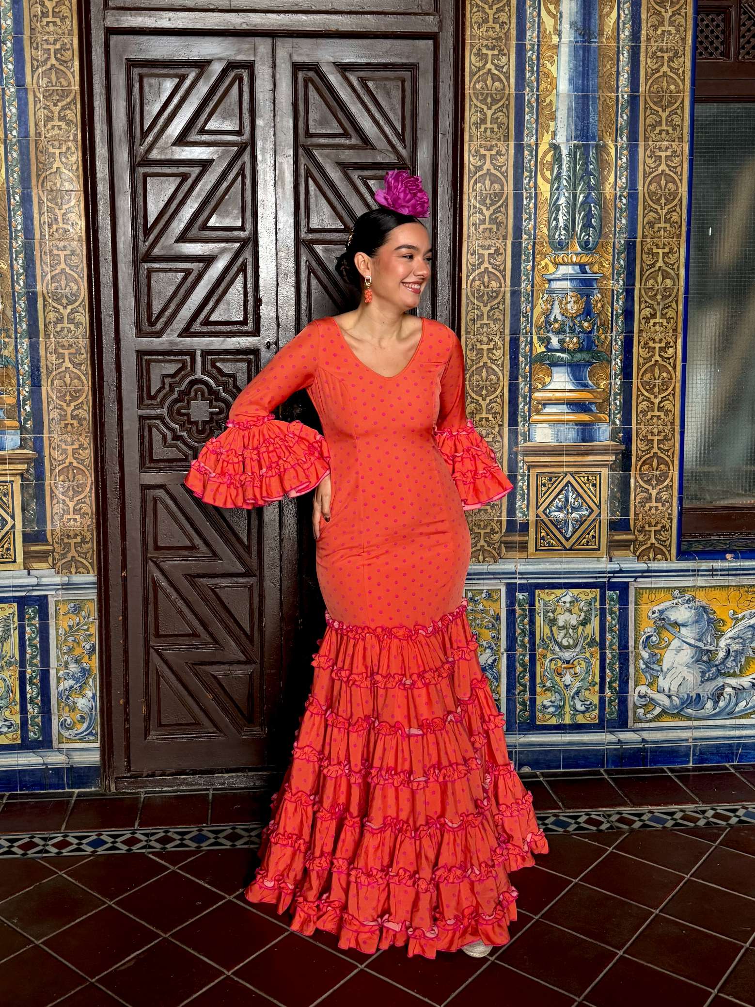 Traje de Flamenca Canastero Naranja Lunares Buganvilla