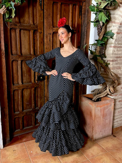 Traje de Flamenca Strech Negro con Lunar Blanco