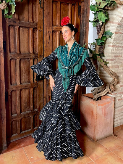 Traje de Flamenca Strech Subida Negro con Lunar Blanco