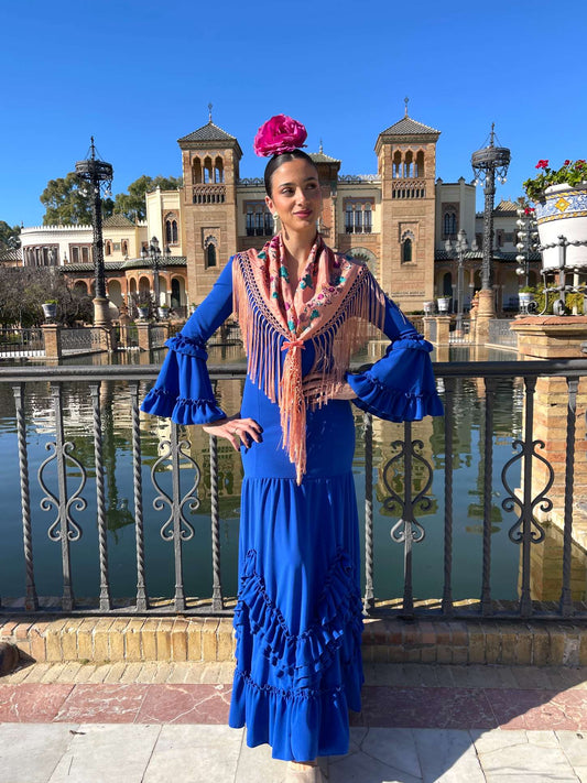 Traje de Flamenca Tendencia Falda Picos Azul electrico