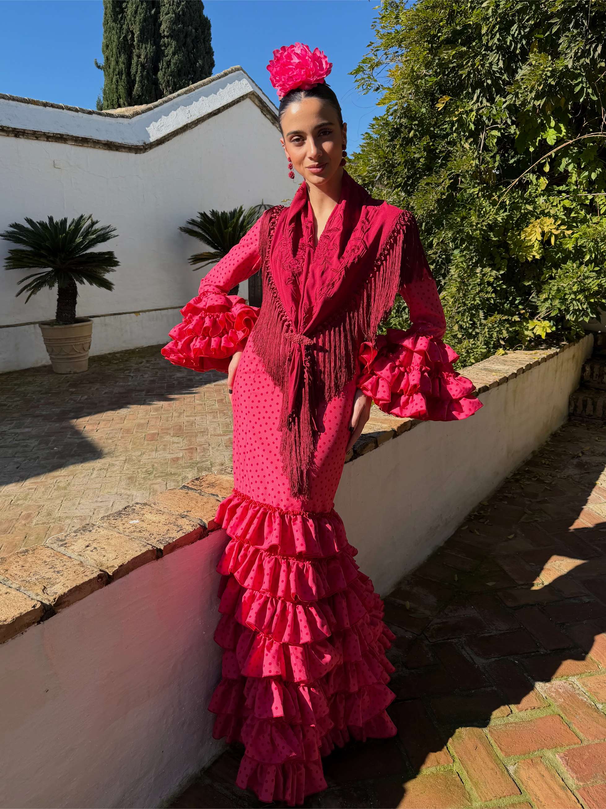 Traje de flamenca Fresa 7 Volantes Lunar Rojo