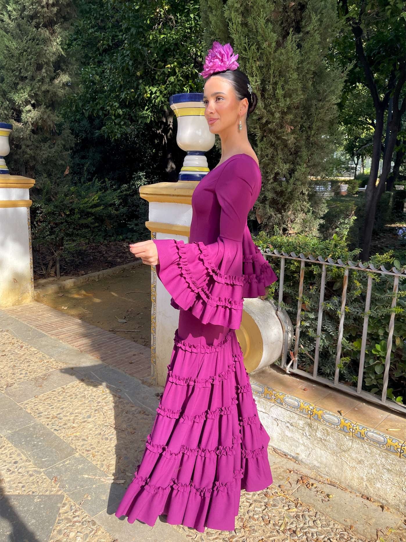 Traje de flamenca buganvilla low cost adorno plisado