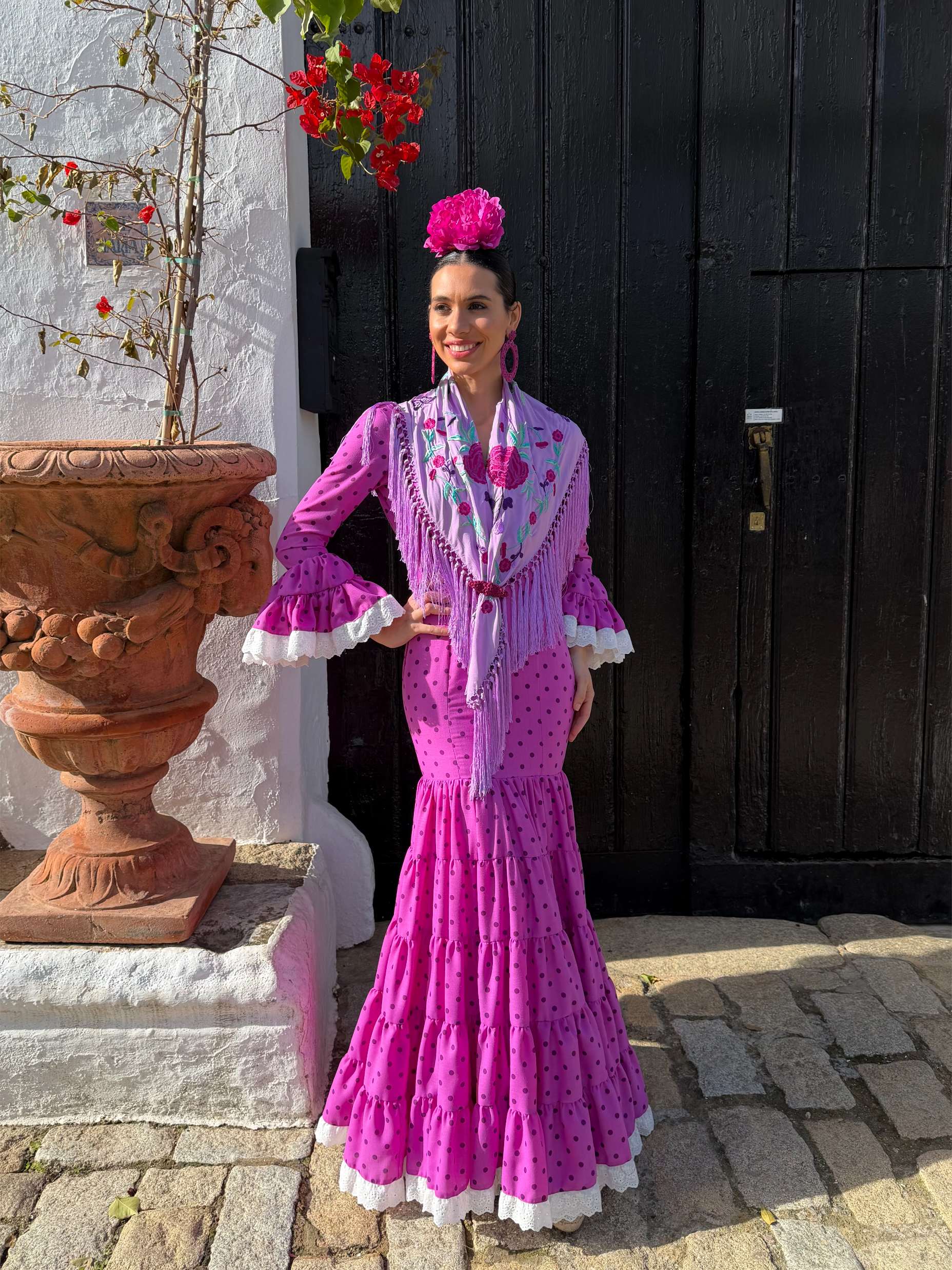 Traje de flamenca canastero buganvilla con tira bordada