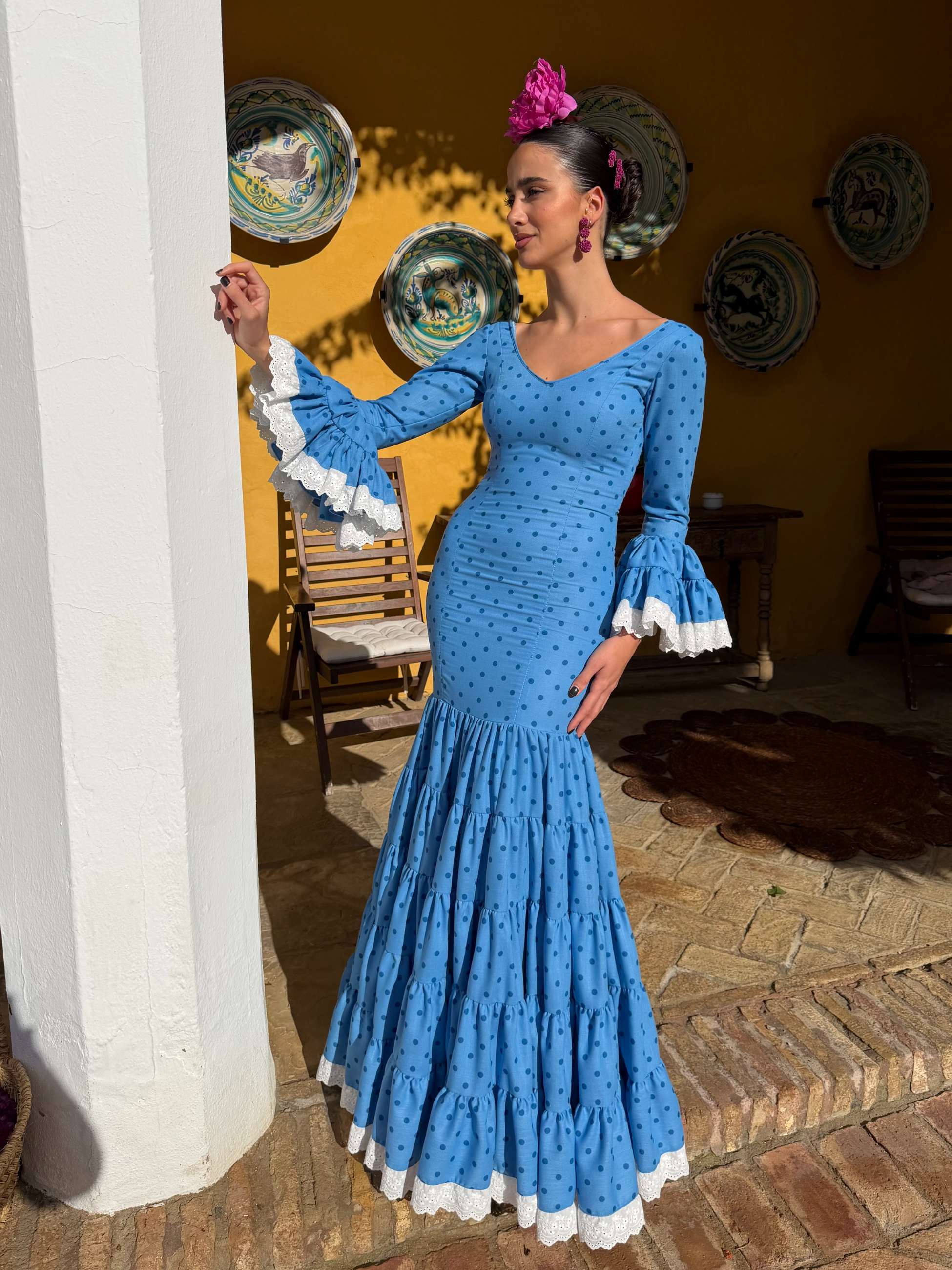 Traje de flamenca canastero celeste