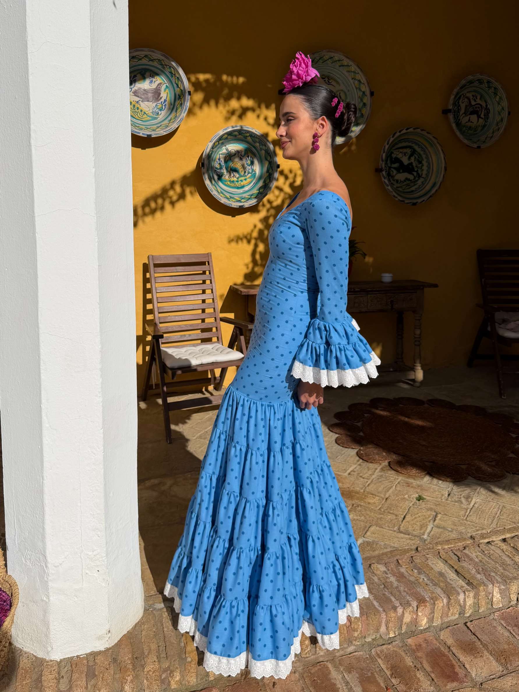 Traje de flamenca canastero celeste lunares 