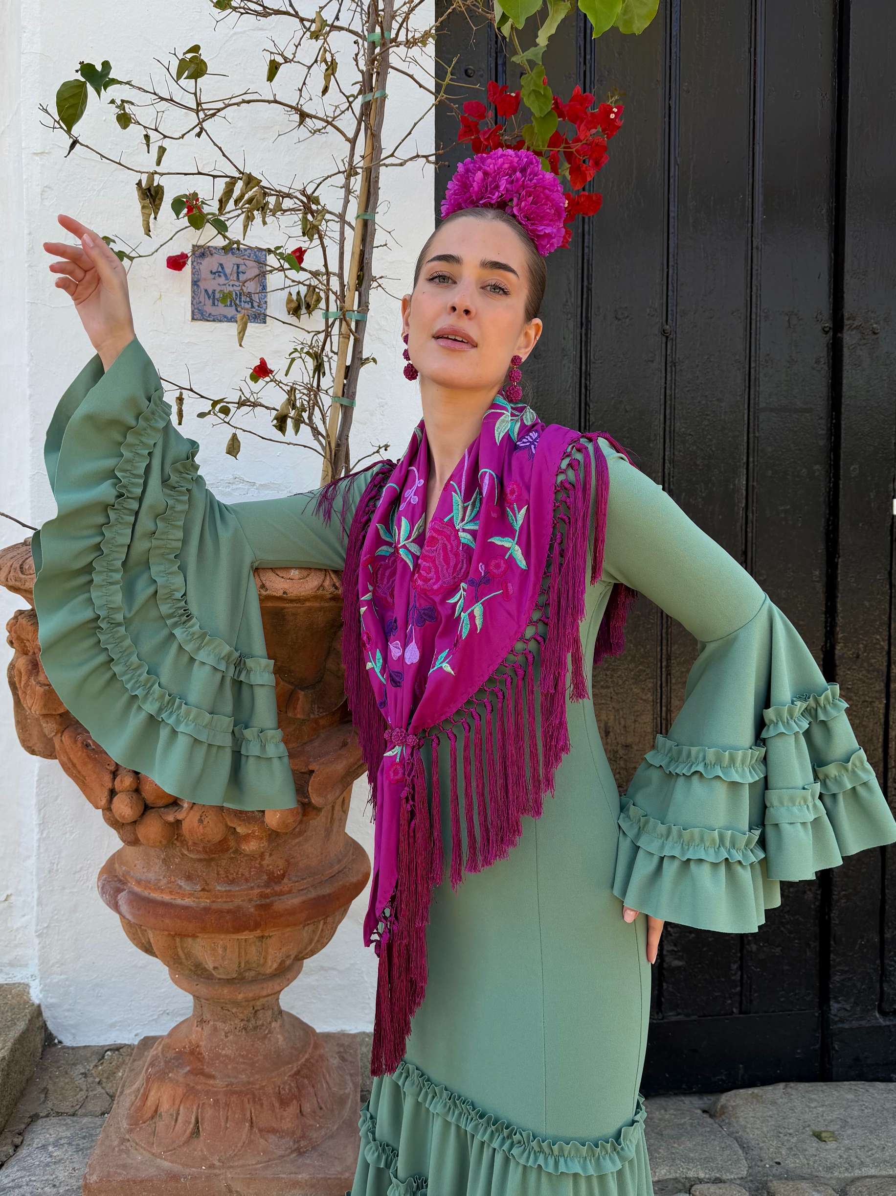 Traje de flamenca canastero económico verde jabonoso