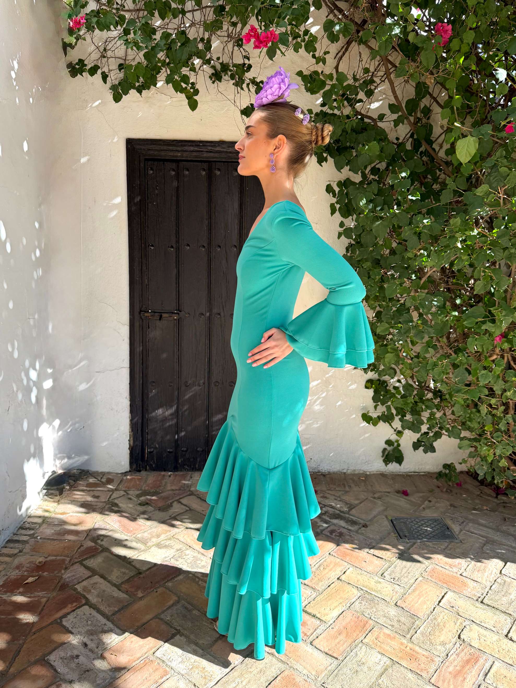 Traje de flamenca económico aguamarina 