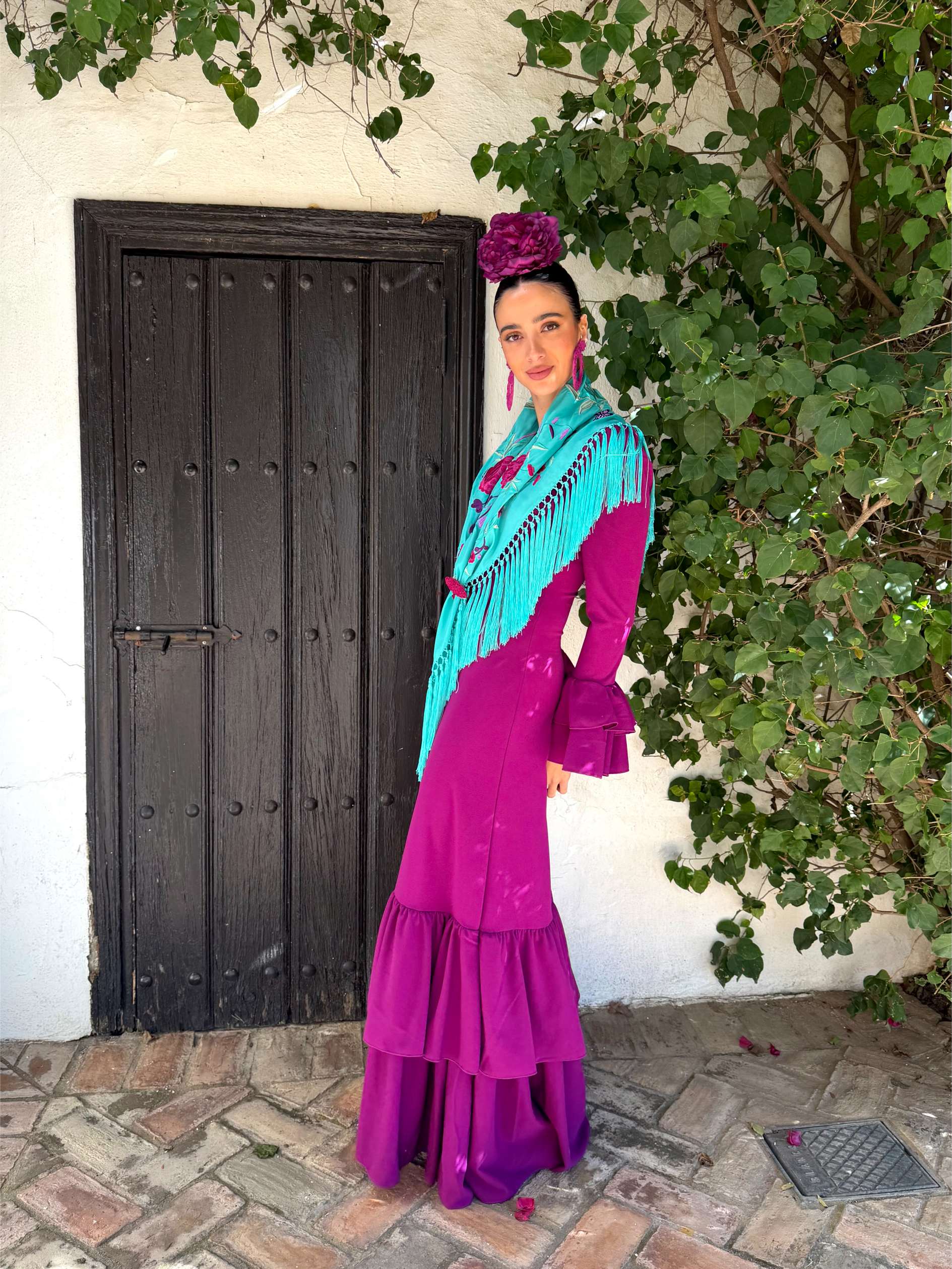 Traje de flamenca económico de nejas en color buganvilla