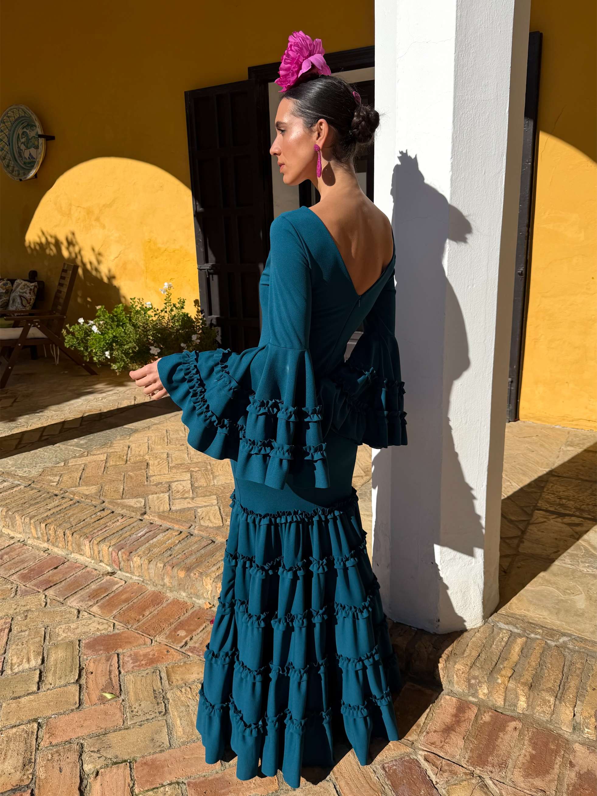 Traje de flamenca económico plisado en color petróleo 