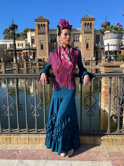 Traje de Flamenca Tendencia Falda Picos Petroleo