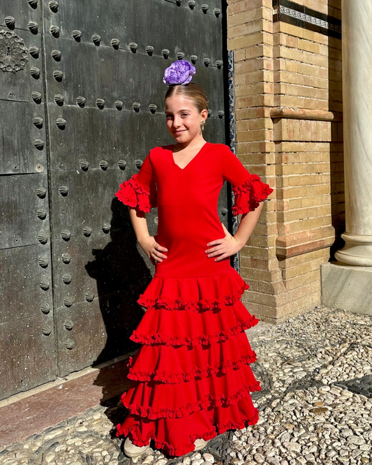 Traje de flamenca cinco volantes rojo de niña