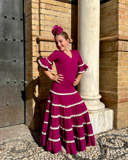 Traje de flamenca niña canastero buganvilla adorno de encaje