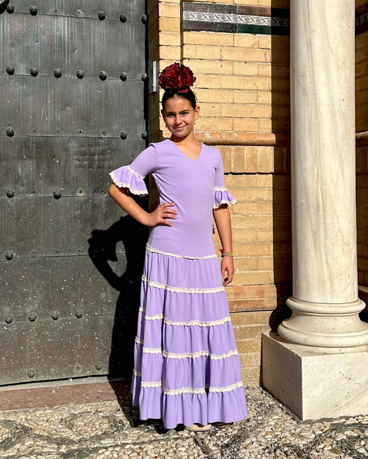 Traje de flamenca niña canastero malva adorno de encaje