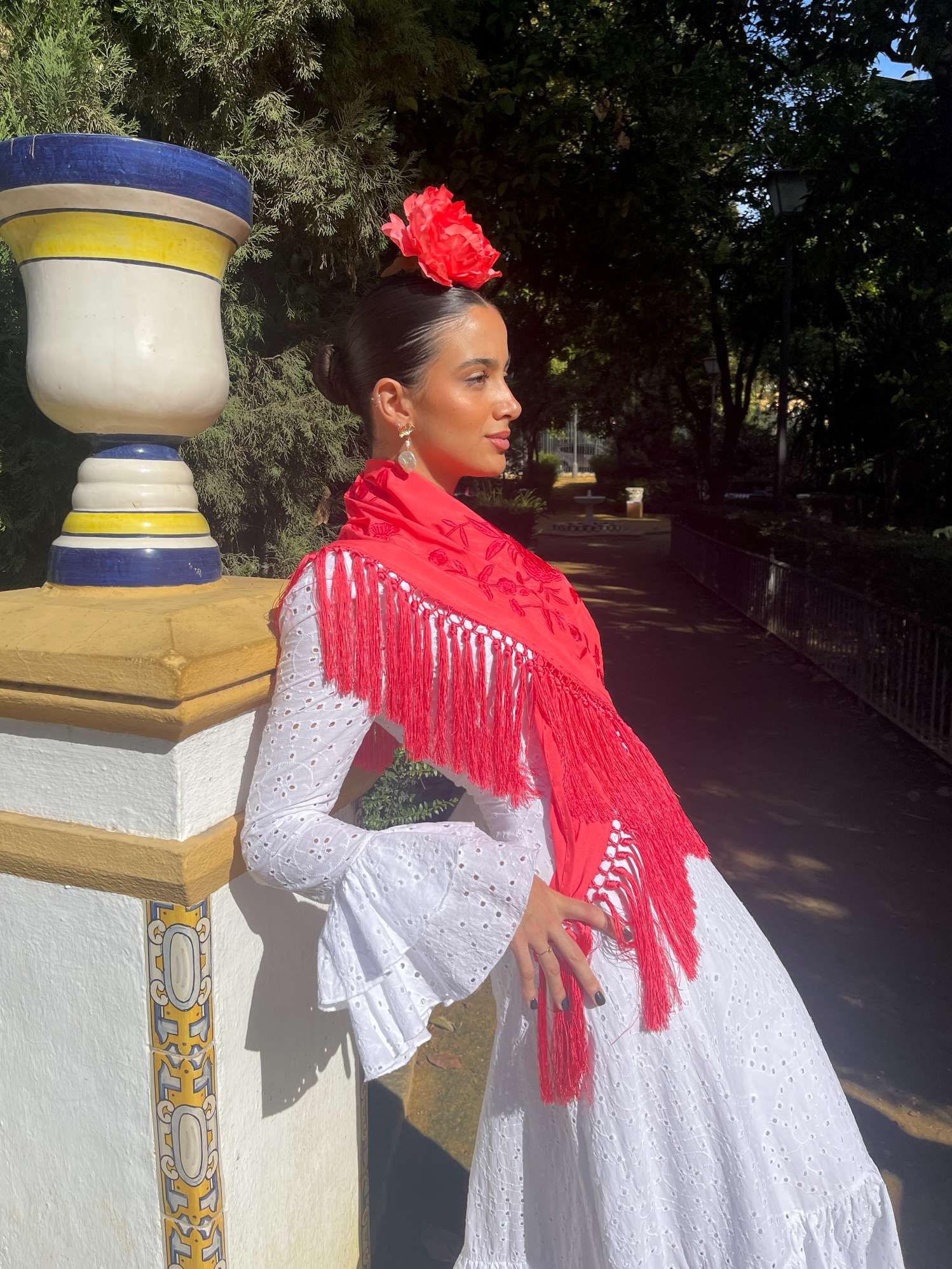 mantoncillo de flamenca coral monocolor flecado seda