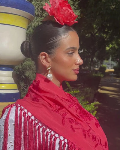 mantoncillo de flamenca flecado de seda coral monocolor