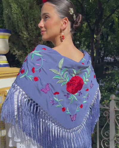 mantoncillo de flamenca flecado de seda ducado flores rojas 