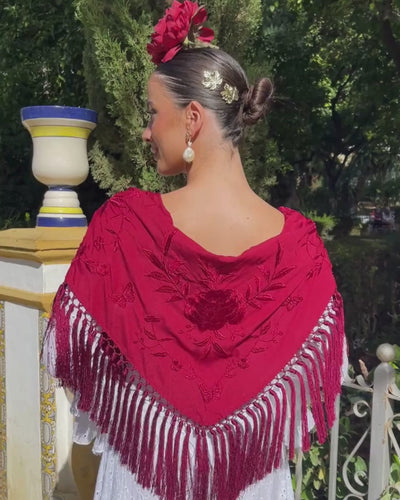 mantoncillo de flamenca flecado de seda burdeos monocolor