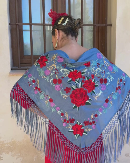 Mantoncillo de seda 'Deja que te mire' Flores Rojas Ducado