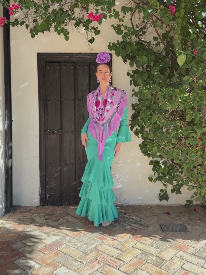 Traje de flamenca económico 3 volantes aguamarina 